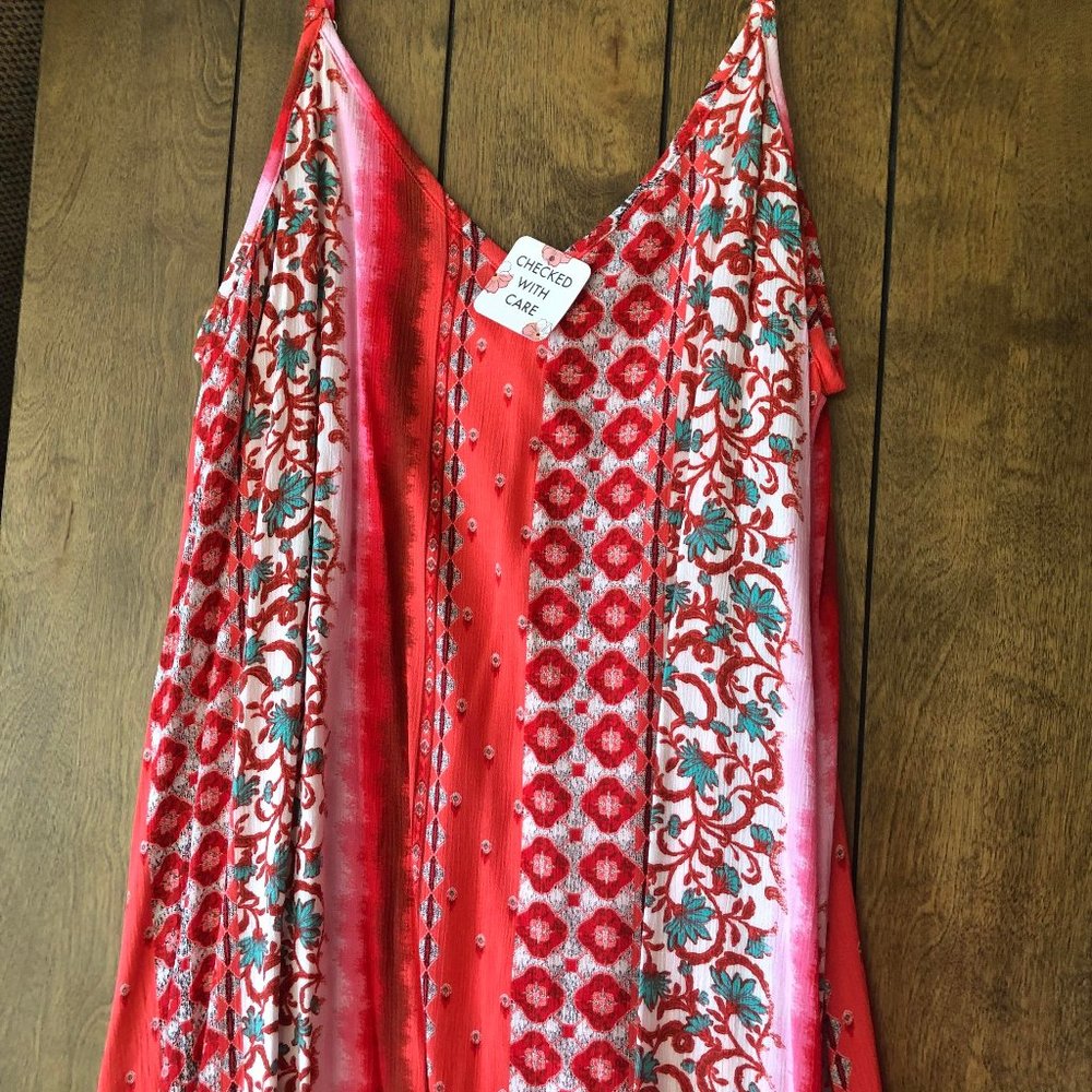 Red and cream thin strap maxi summer dress